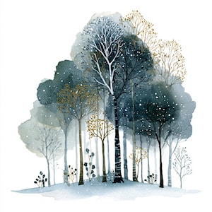 Può includere: Dipinto ad acquerello di una scena di foresta invernale. L'opera presenta alberi in tonalità di blu, grigio e oro, con neve che cade. Gli alberi sono raggruppati, creando un senso di profondità e un'atmosfera serena.