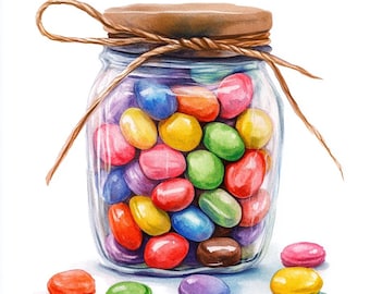 May include: A watercolour illustration of a glass jar filled with colourful jelly beans. The jar has a brown lid and is tied with twine. Several jelly beans are scattered around the jar. The jelly beans are red, orange, yellow, green, blue, and purple.