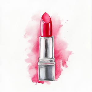 May include: A vibrant red lipstick with a silver tube is depicted against a watercolor background of pink hues. The lipstick's tip is a glossy, deep red, contrasting with the metallic silver casing. The artwork style is illustrative, with soft watercolor effects.