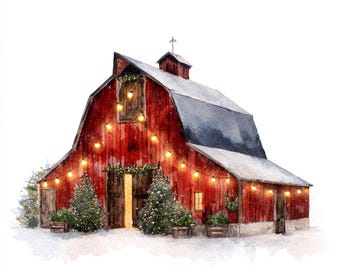 10 Printable Christmas barn, watercolor farm building, winter Clipart, Commercial Use, Making Christmas cards, Christmas barn print