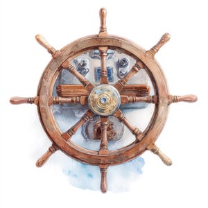 May include: Watercolor illustration of a ship's wheel. The wooden wheel has eight spokes and a brass center. The background features a gray panel with various dials and switches, suggesting a nautical theme.