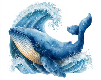 14 Printable Whale Clipart, Blue Whale, watercolor cartoon art, Cute Whale poster, sea animal, Commercial Use, Whale Print, nursery wall art