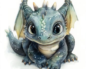 May include: A watercolor illustration of a baby dragon. The dragon is primarily blue-green with large, expressive eyes. It has small horns, wings, and claws. The dragon is sitting and appears friendly.