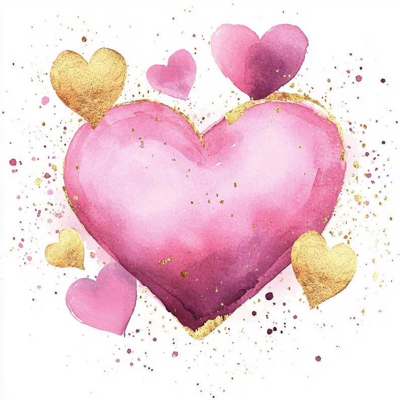 10 Printable Pink Heart, Pink and Gold Hearts Art, Watercolor Clipart ...