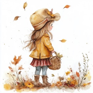 10 bedruckbare Herbst Mädchen, Herbst Kinder, Aquarell kleine Mädchen, Herbst Stimmung, Herbst Mädchen, Hohe Qualität PNG und JPG, Digitaler Herbst Druck