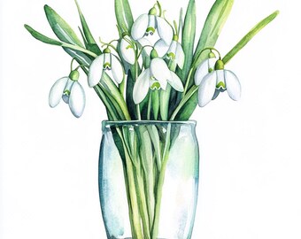 May include: Watercolor painting of snowdrop flowers in a clear glass vase. The white flowers with green accents and long green leaves are arranged in a clear glass vase. The artwork is on a white background.