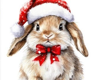 10 Printable Santa rabbit, Christmas Bunny art, watercolor art, Cute ClipArt, Pet portrait, Commercial Use, Rabbit mini lop art
