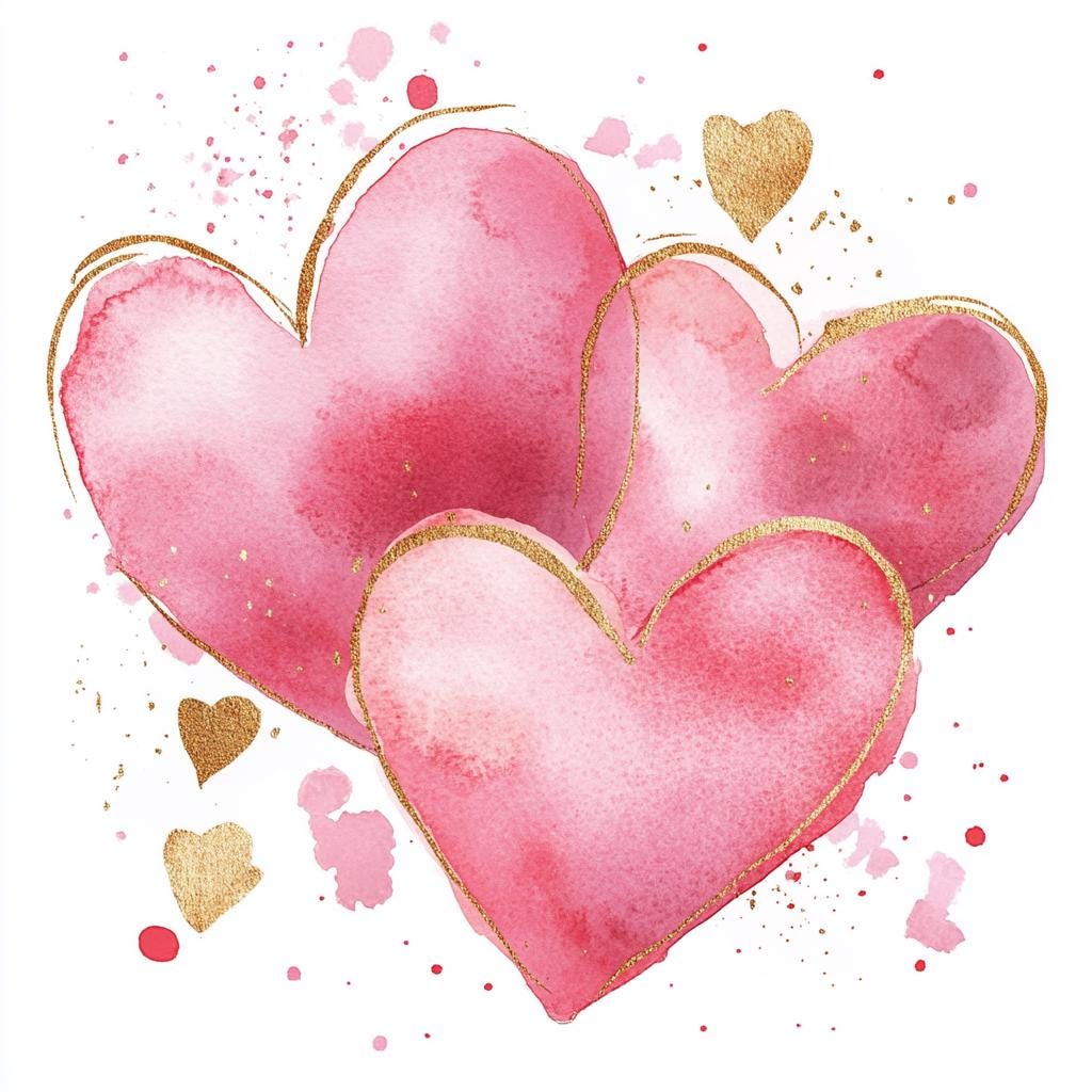 10 Printable Pink Heart, Pink and Gold Hearts Art, Watercolor Clipart ...
