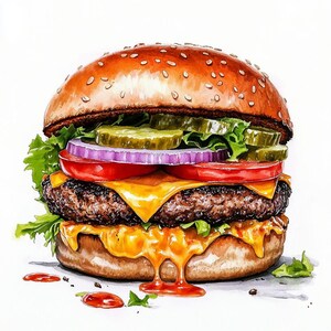 10 Printable Cheeseburger, Watercolor burger art, Food art, Kitchen decoration, Cheeseburger Clipart, Fast food print