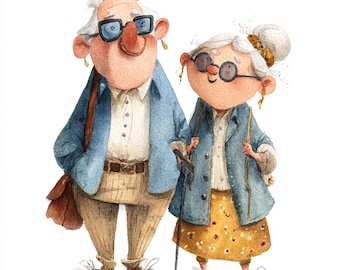 12 Printable elderly couple, Watercolor Cute Grandma and Grandpa, Funny couple, Cartoon Illustration, whimsical Elderly, Commercial use
