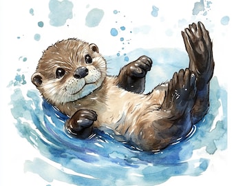 10 Printable Otter Clipart, Baby Otter art, watercolor art, Cute ClipArt, Swimming Otter Prints, Commercial Use, Various little Otter art