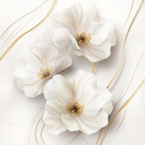May include: A digital illustration of three white flowers with golden centers and delicate petals. Gold, flowing lines accent the flowers against a white background, creating a sense of elegance and serenity. The floral design is ideal for wall art or fabric.