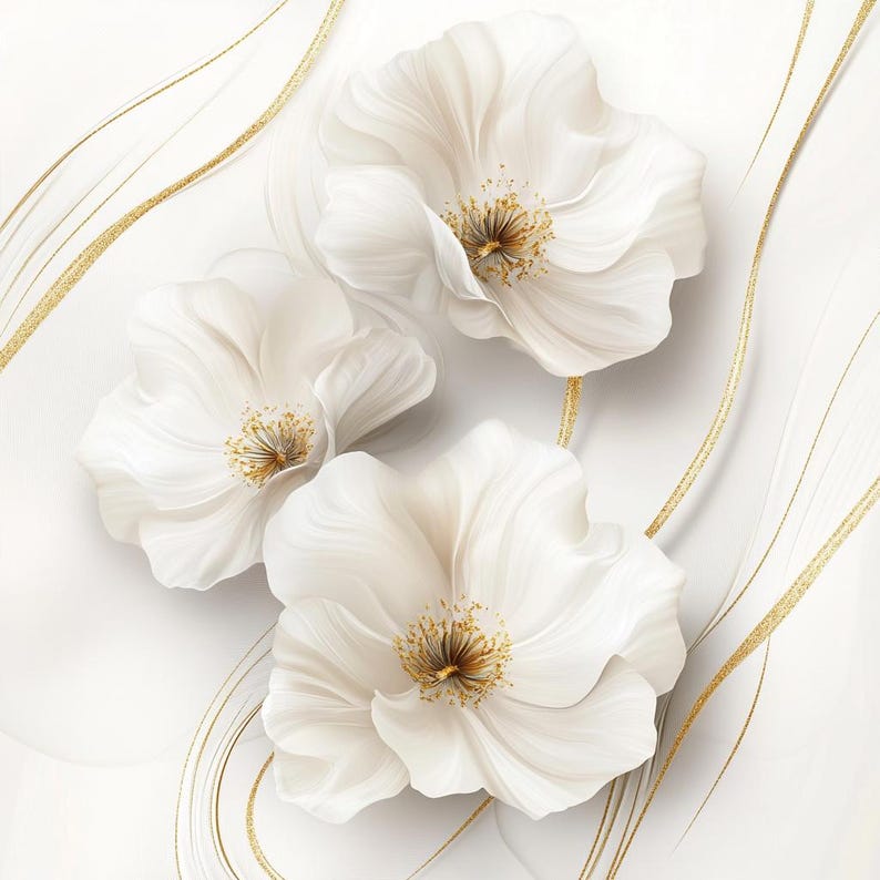 May include: A digital illustration of three white flowers with golden centers and delicate petals. Gold, flowing lines accent the flowers against a white background, creating a sense of elegance and serenity. The floral design is ideal for wall art or fabric.