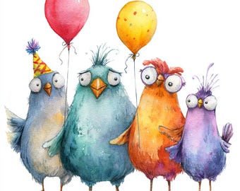 12 Printable HB birds, watercolor birthday whimsical birds ClipArt, birds with balloon, Commercial Use, Stickers ideas, Birthday card create