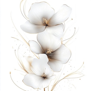 May include: An elegant floral design featuring three white flowers with delicate gold accents. The petals have fine lines, and the centers are detailed with gold. The background is white, highlighting the flowers' intricate details.