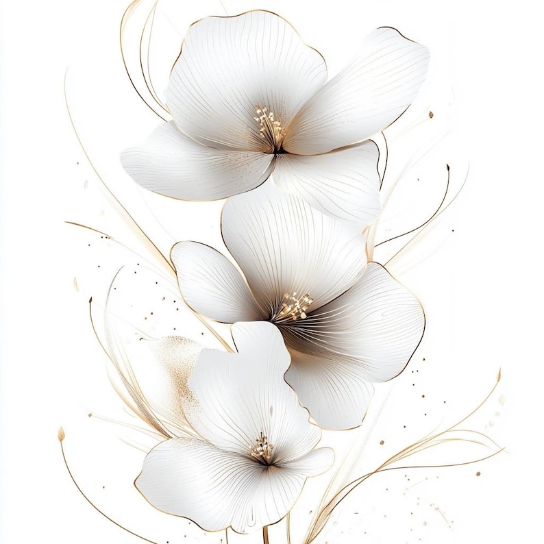 May include: An elegant floral design featuring three white flowers with delicate gold accents. The petals have fine lines, and the centers are detailed with gold. The background is white, highlighting the flowers' intricate details.