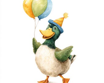 10 Printable Duck, watercolor birthday duck ClipArt, duck with balloon, Commercial Use, Nursery art, Stickers ideas, Birthday card create