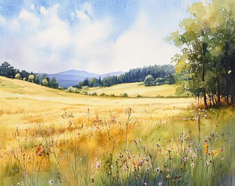 10 Printable meadow landscape, Cozy meadow poster, Summer farm, watercolor art, scenery art, watercolor wild grass field, Commercial Use