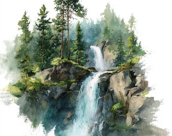 12 Printable waterfall landscape, mountain art, watercolor forest, forest scenery art, waterfall poster, mountains waterfall, Commercial Use