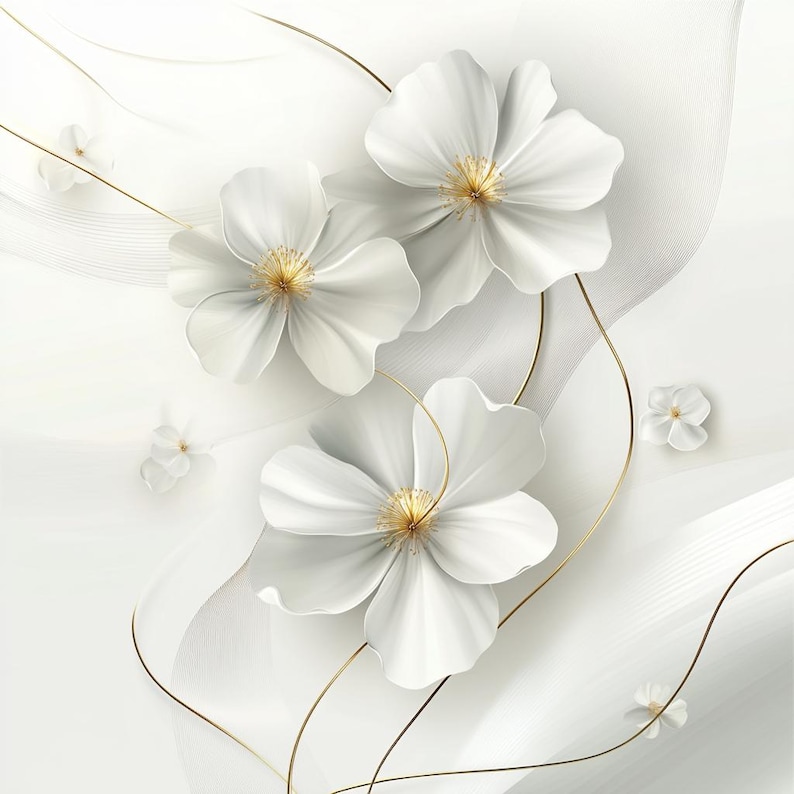 May include: A digitally rendered image featuring three large white flowers with golden centers and delicate petals. Thin gold lines and white fabric-like elements weave through the composition, creating a sense of depth and elegance. Small white flowers are scattered throughout.