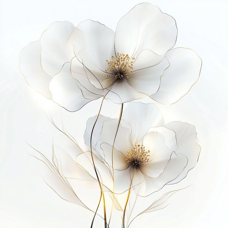 May include: A digital art print featuring delicate white flowers with gold accents. The petals are translucent, with fine gold outlines and a golden center. The artwork has a soft, ethereal quality, perfect for home decor.