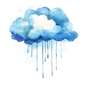 Op de afbeelding: Waterverfschilderij van een wolk in blauw- en wittinten. De wolk heeft een pluizig uiterlijk met donkerblauwe randen en een lichtere blauw-witte kern. Regendruppels worden afgebeeld die uit de wolk vallen, wat bijdraagt aan het aquareleffect. De achtergrond is wit.