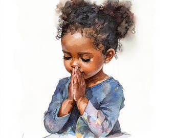 10 Printable praying little black girl, Beautiful black girl, watercolor Loving girl, black girl print, little prayer art, Commercial use
