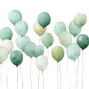 Könnte beinhalten: Aquarell-Illustration von Ballons in Grün-, Blau- und Weißtönen. Die runden Ballons scheinen an dünnen, braunen Schnüren zu schweben. Der Hintergrund ist schlicht weiß.