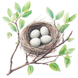 10 druckbare Nester, Vogeleier Kunst, Aquarell Eier im Nest, Osterkartendekor, Nest auf Astdruck, Frühlingsinspirationen