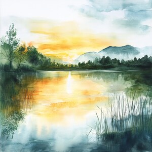 10 Printable Lake landscaple, sunrise landscape, Spring Lake, watercolor art, sunrise scenery art, watercolor Lake, Commersial Use