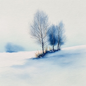 May include: A watercolour painting depicting a winter scene. Three bare trees stand on a snow-covered hill, rendered in a soft blue and white palette. The artwork creates a serene, cold atmosphere, with subtle shadows and delicate details.