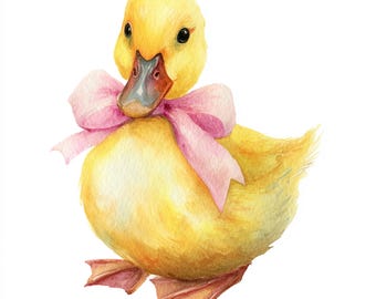 10 Printable Duck pink bow, watercolor birthday duck ClipArt, duck with bow on neck, Commercial Use, Nursery art, Stickers ideas, Make card