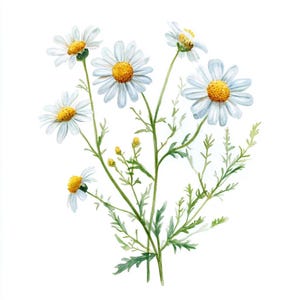 May include: A watercolor painting of a bouquet of white daisies with yellow centers. The daisies have delicate petals and are arranged in a cluster with green stems and leaves.