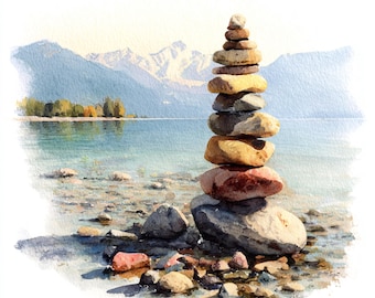10 Printable Balancing pebble, Zen watercolor, Balancing stones, pebble lake beach in mountain landscape, Meditation decor, Commercial use