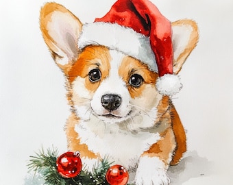 10 Printable Corgi Clipart, Christmas Corgi art, watercolor art, Cute ClipArt, Santa Corgi decor, Commercial Use