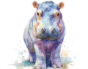 10 Printable hippo, hippopotamus Clipart, watercolor ClipArt, hippos posters, Commercial Use, animal digital art, abstract hippo