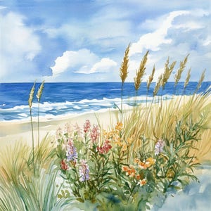 May include: Watercolor painting of a beach scene. The artwork depicts a sandy beach, ocean waves, and a blue sky with fluffy white clouds. Tall grasses and colorful wildflowers are in the foreground.
