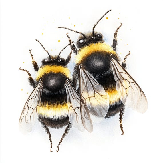 10 Printable Bumblebees, Bees Art, Watercolor Bumblebees, Summer