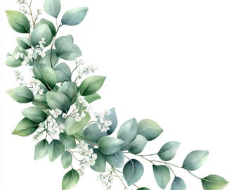 10 ramos de eucalipto imprimibles, clipart de flores blancas, decoración de eucalipto, estampado de eucalipto, esquina de hojas de eucalipto