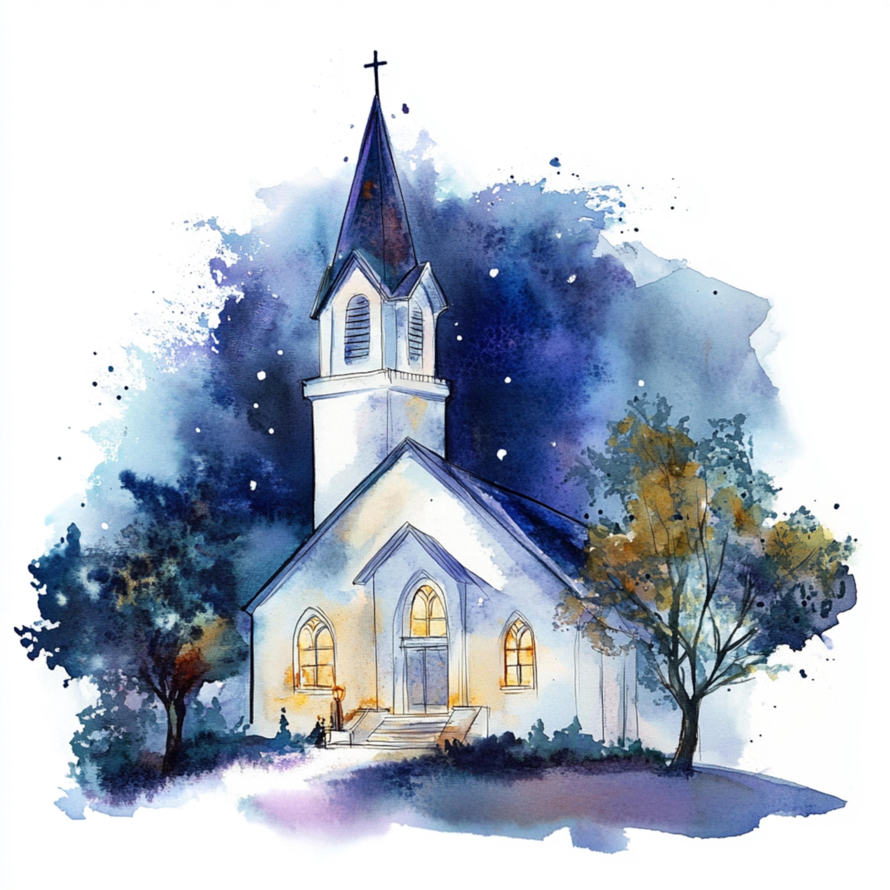 10 Printable Church, Watercolor Church,night Church Clipart, Commercial ...