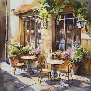 10 Printable Parisian cafe, watercolor European town, Parisian Landscape, Commercial Use, Paper design, France cafe Making cards