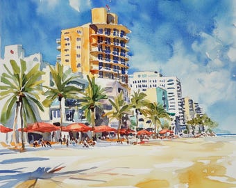 10 Printable Miami art, Miami cityscape, watercolor Clipart, Commercial Use, Paper design, Making Travel cards, Florida city art