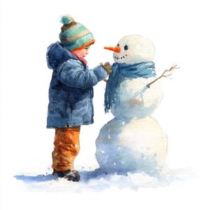 10 Printable snowman and boy, watercolor snowman, Holliday Clipart, Commercial Use, Paper design, Making Christmas cards