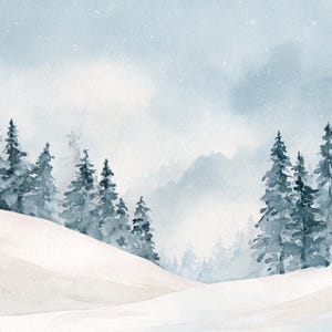 May include: A watercolour painting depicting a winter landscape with a snow-covered foreground and a forest of dark blue-grey pine trees. The background features soft, misty mountains under a pale, overcast sky with light snowfall throughout.
