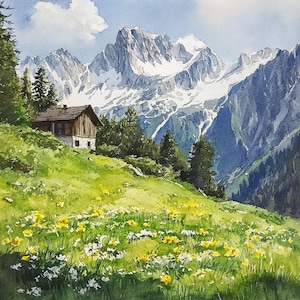 10 Printable Alps landscaple, Alps landscape, Spring mountaine, watercolor art, mountaine scenery art, watercolor mountaine