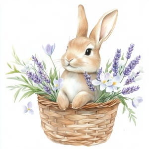 10 Coniglietto soffice stampabile, arte floreale del coniglietto, coniglietto acquerello nel cestino, decorazione floreale della cartolina di Pasqua, coniglietto con lavanda, coniglio e croco