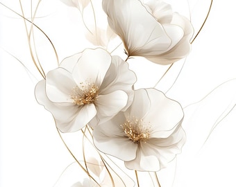 10 flores blancas de acuarela para imprimir, flores de acuarela, arte abstracto, arte lineal dorado, hacer tarjetas, impresión floral blanca abstracta