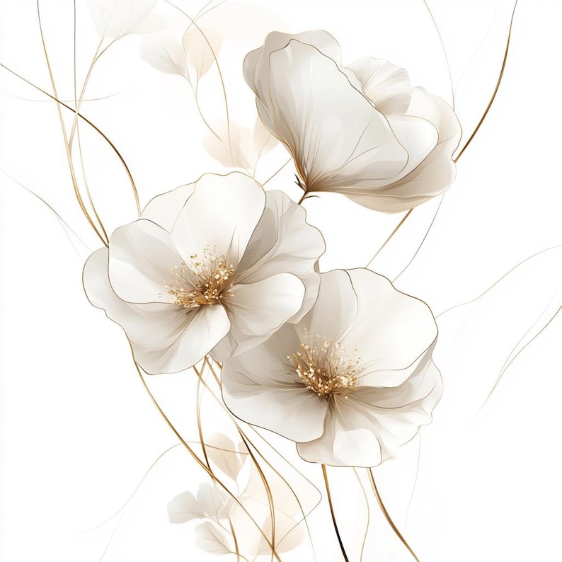 May include: An elegant floral illustration featuring white flowers with gold accents. The petals have a translucent quality, and the centers of the flowers are a warm gold color. Delicate gold lines and smaller flowers complete the design against a white background.