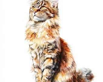 10 Printable main coon Clipart, Cute Big Cat art, watercolor art, main coon wall art, Commercial Use, Various beautiful cat poster
