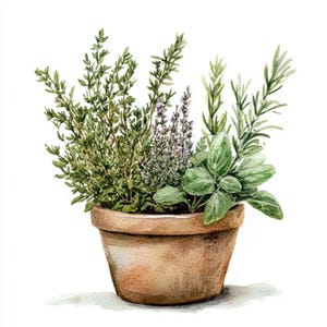May include: Watercolor illustration of a terracotta pot filled with various herbs. The herbs include thyme, lavender, rosemary, and sage, with green and purple hues. The pot is a light brown color and sits on a white background.